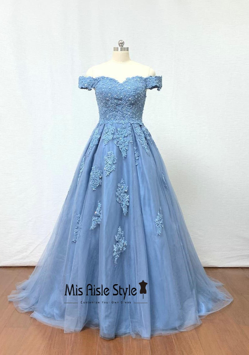 Off Shoulder Sleeve Blue Lace Prom Dress misaislestyle Off Shoulder Sleeve Blue Lace Prom Dress misaislestyle