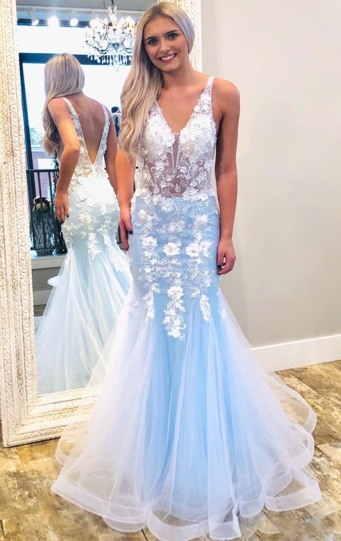 mermaid sky blue prom dress