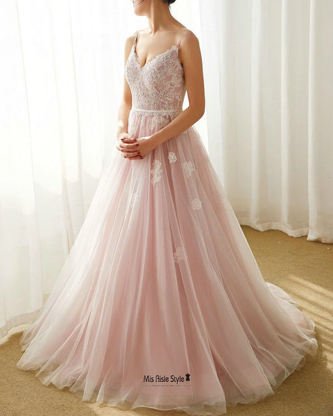 A line Spaghetti Straps Blush Wedding Dress – misaislestyle