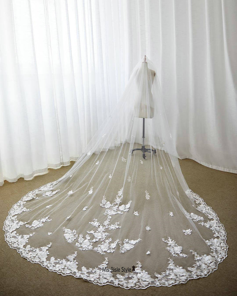 Free Shipping Cathedral Length Lace Applique Wedding Veil