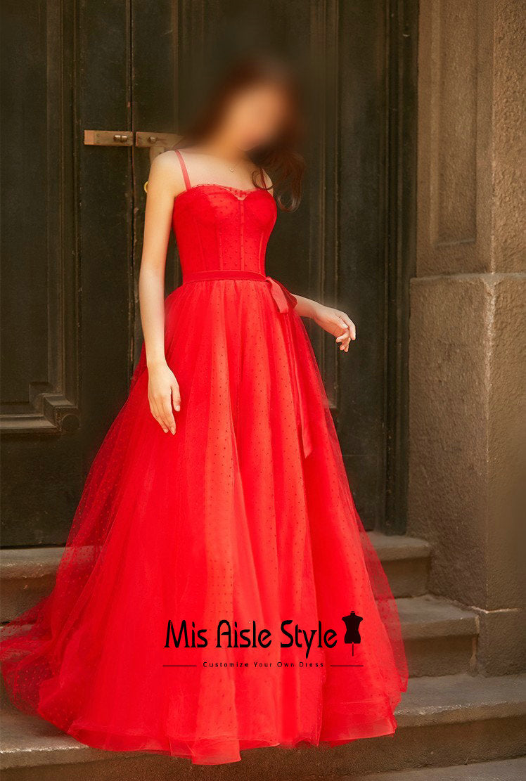 dot tulle red prom dress