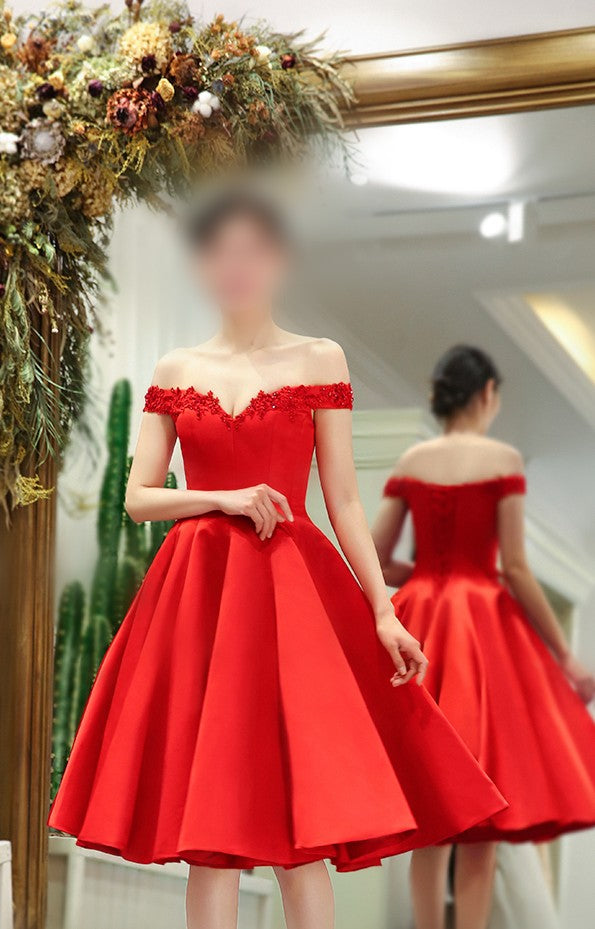 Knee Length Ball Gown Off Shoulder Sleeve Red Party Dress