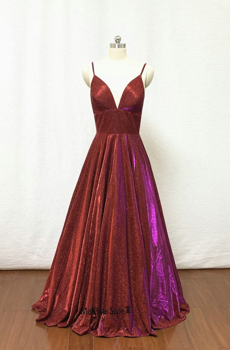 Simple Spaghetti Straps Sparkle Burgundy Prom Dress – misaislestyle