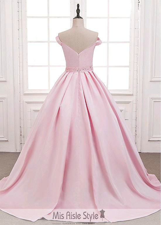 Off Shoulder Sleeve Pearl Pink Ball Gown Prom Dress misaislestyle Off Shoulder Sleeve Pearl Pink Ball Gown Prom Dress misaislestyle