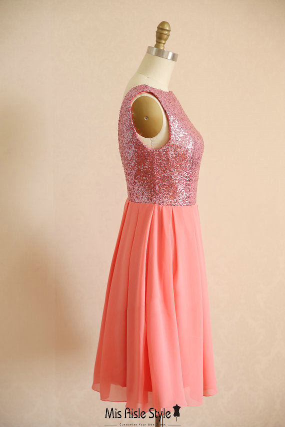 Short Coral Sequins Wedding Guest Dress misaislestyle Short Coral Sequins Wedding Guest Dress misaislestyle