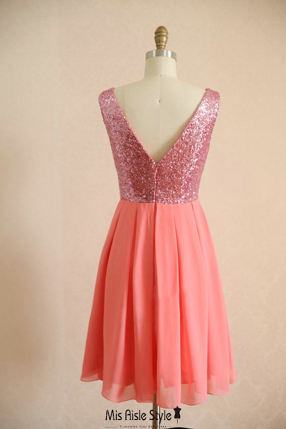 Short Coral Sequins Wedding Guest Dress misaislestyle Short Coral Sequins Wedding Guest Dress misaislestyle