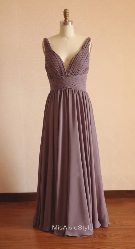 Long V-neckline Brown Bridesmaid Dress misaislestyle Long V-neckline Brown Bridesmaid Dress misaislestyle