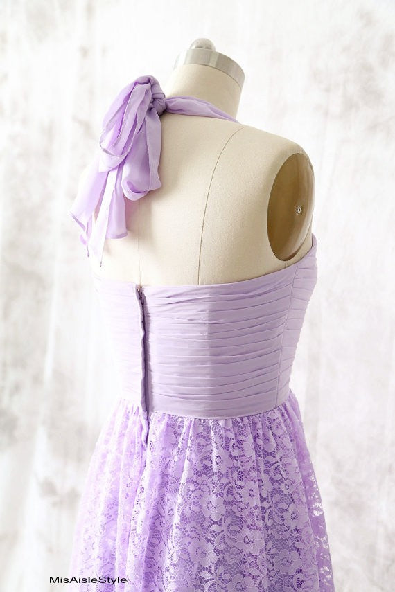 Knee Length Halter Neckline Lilac Bridesmaid Dress misaislestyle Knee Length Halter Neckline Lilac Bridesmaid Dress misaislestyle