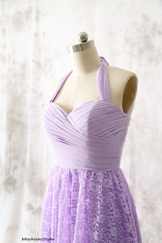 Knee Length Halter Neckline Lilac Bridesmaid Dress misaislestyle Knee Length Halter Neckline Lilac Bridesmaid Dress misaislestyle