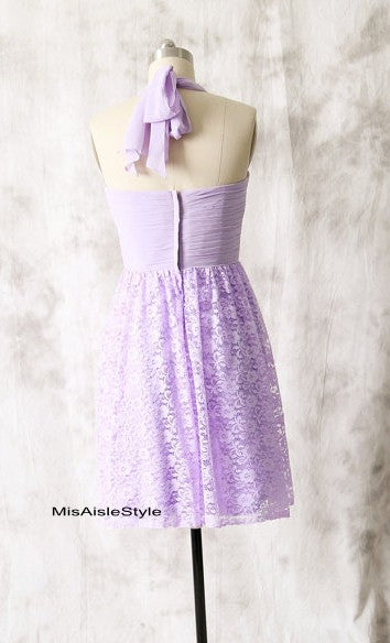 Knee Length Halter Neckline Lilac Bridesmaid Dress misaislestyle Knee Length Halter Neckline Lilac Bridesmaid Dress misaislestyle