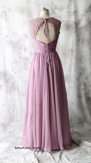 Long Vintage Lace Purple Bridesmaid Dress