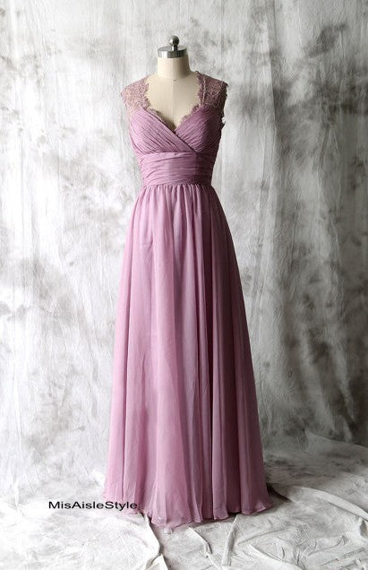 Long Vintage Lace Purple Bridesmaid Dress