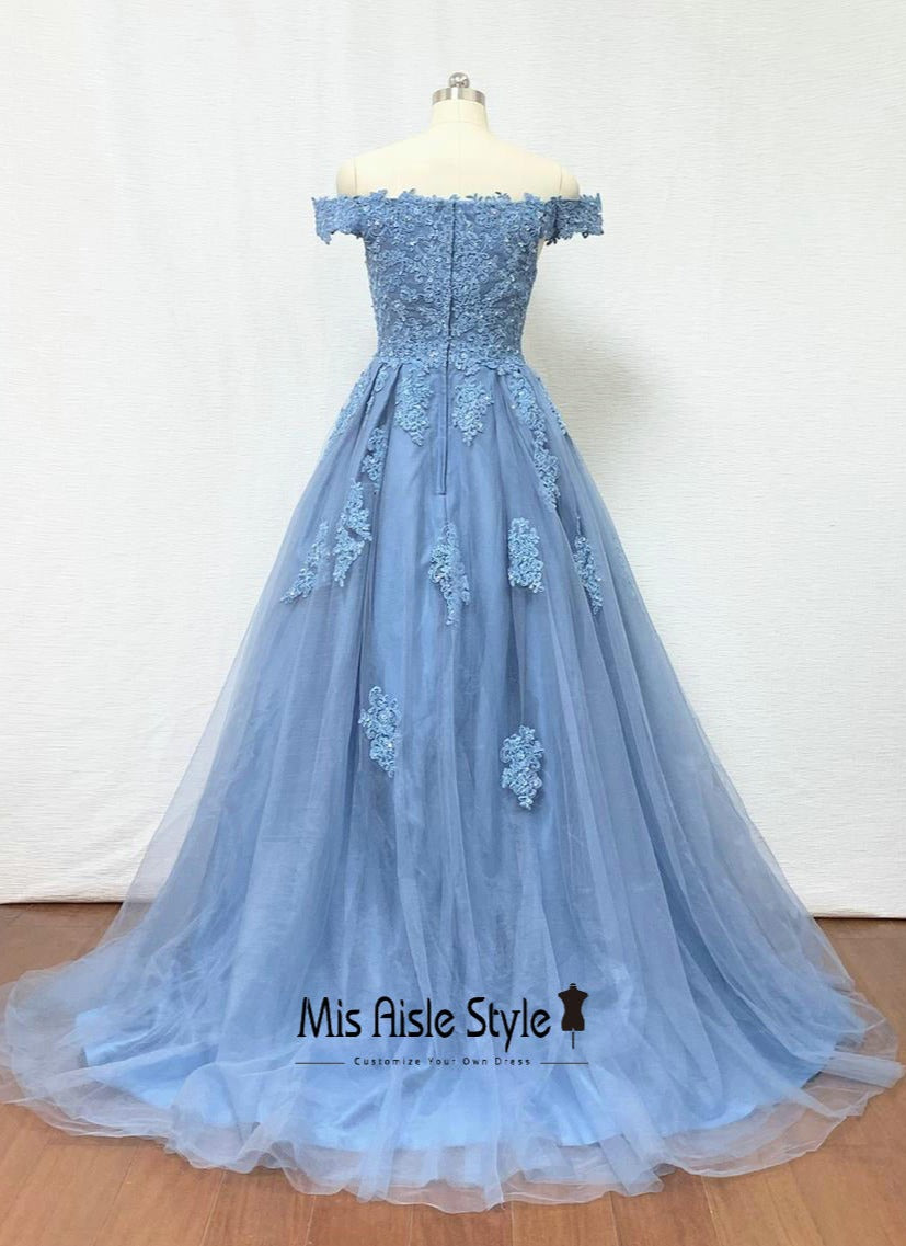 Off Shoulder Sleeve Blue Lace Prom Dress misaislestyle Off Shoulder Sleeve Blue Lace Prom Dress misaislestyle