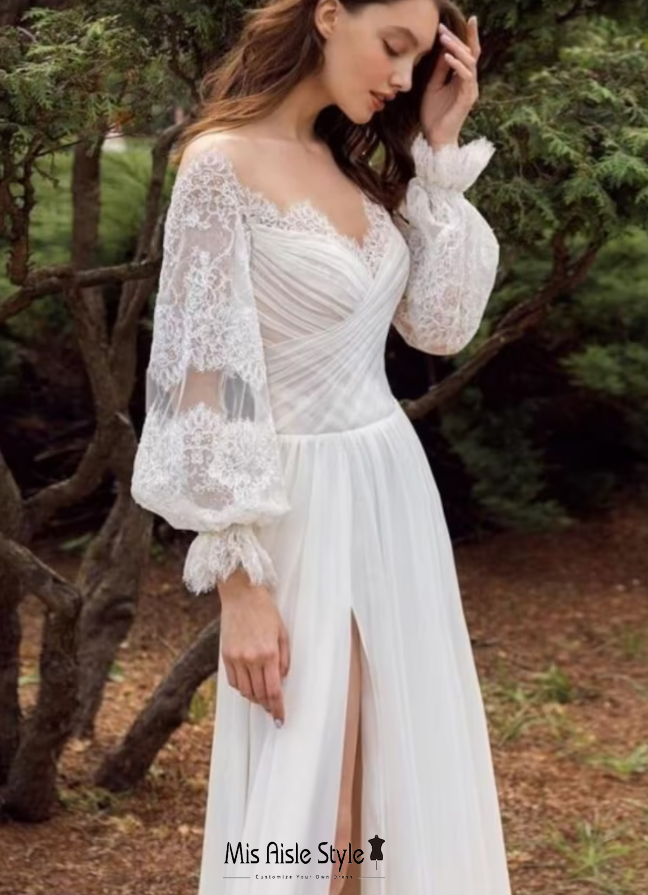 slit bohemian long sleeve wedding dress