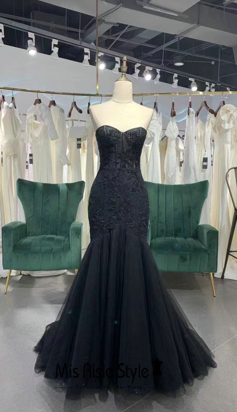 Mermaid Black Sheer Lace Wedding Dress misaislestyle Mermaid Black Sheer Lace Wedding Dress misaislestyle