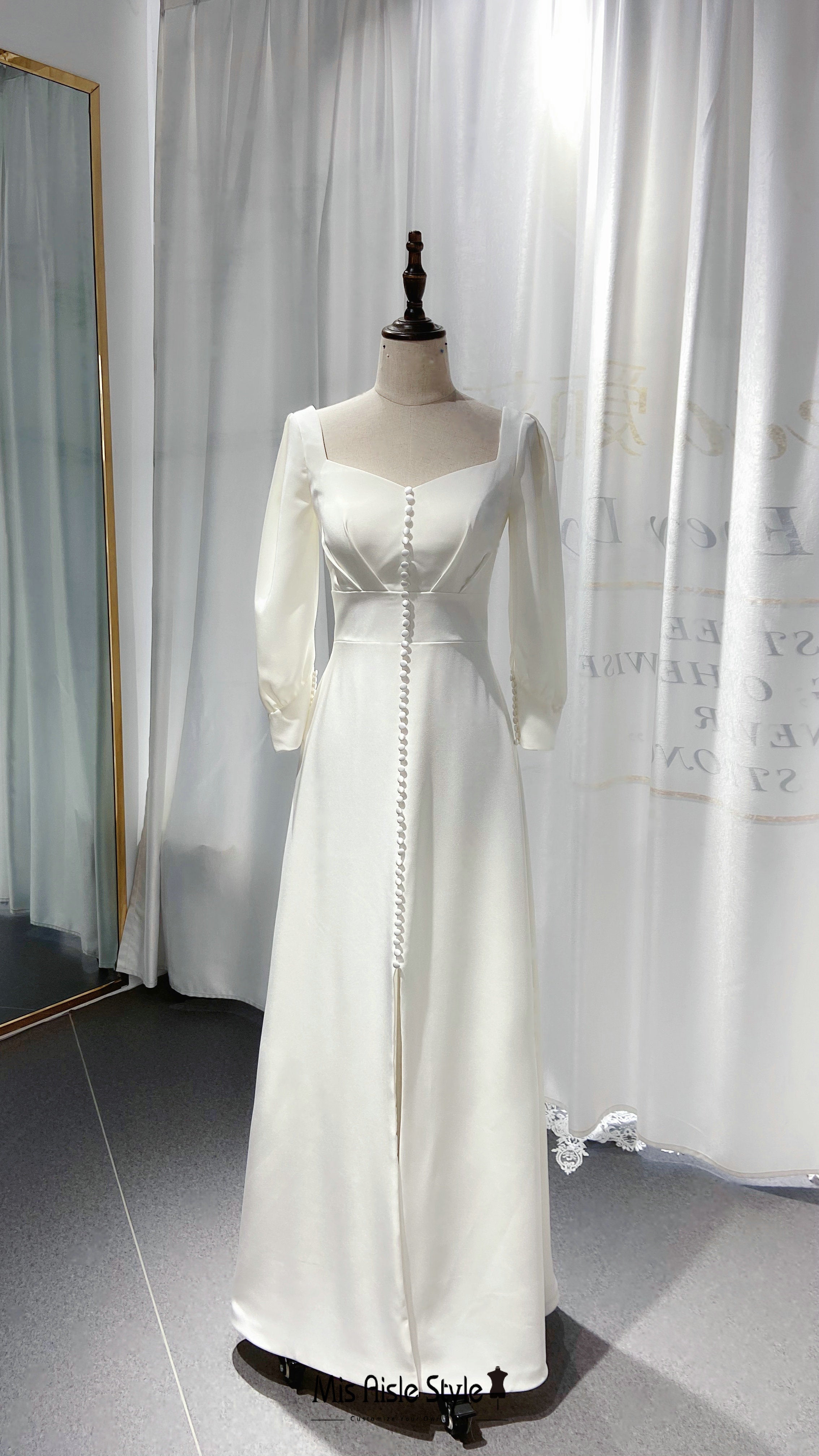 Vintage Long Sleeve Square Neckline Wedding Dress misaislestyle Vintage Long Sleeve Square Neckline Wedding Dress misaislestyle