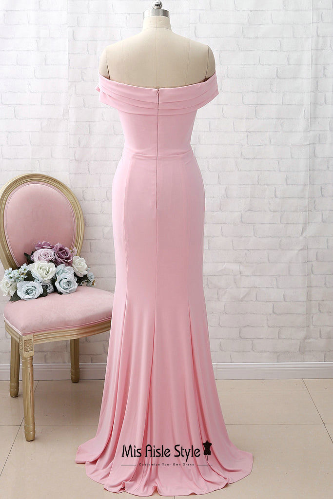 Fit and Flare Off Shoulder Sleeve Pink Prom Dress misaislestyle Fit and Flare Off Shoulder Sleeve Pink Prom Dress misaislestyle