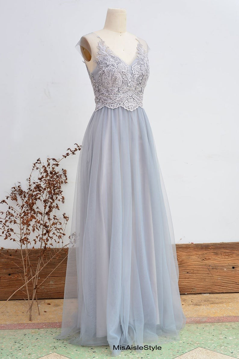 silver lace bridesmaid dress
