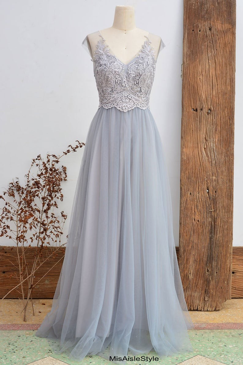 Long Silver Lace Bridesmaid Dress Long Silver Lace Bridesmaid Dress