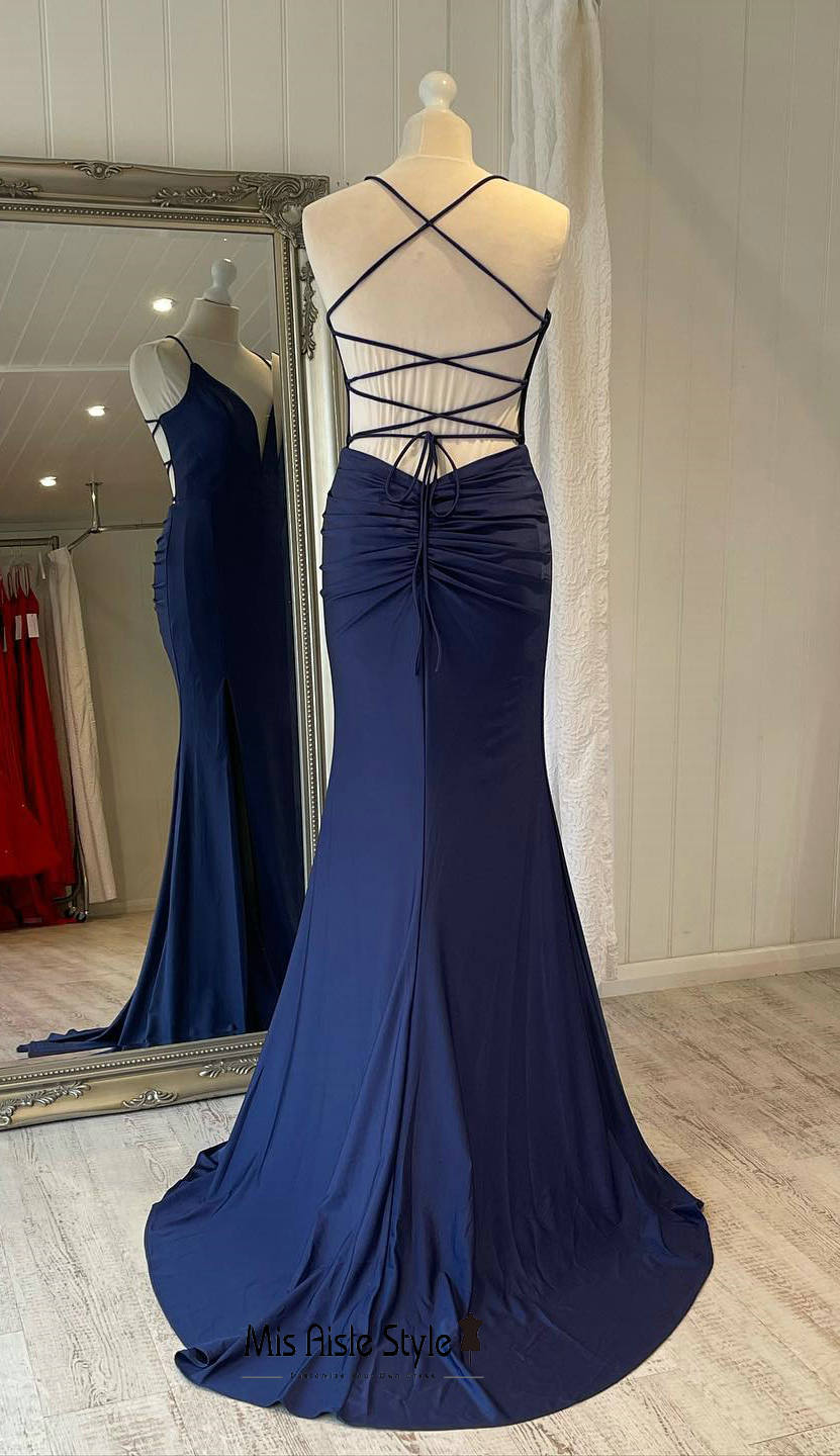 Long Criss-Cross Back Dark Navy Party Dress misaislestyle Long Criss-Cross Back Dark Navy Party Dress misaislestyle