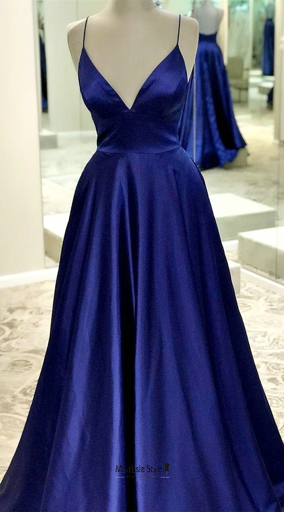A line Backless Navy Blue Prom Dress misaislestyle A line Backless Navy Blue Prom Dress misaislestyle
