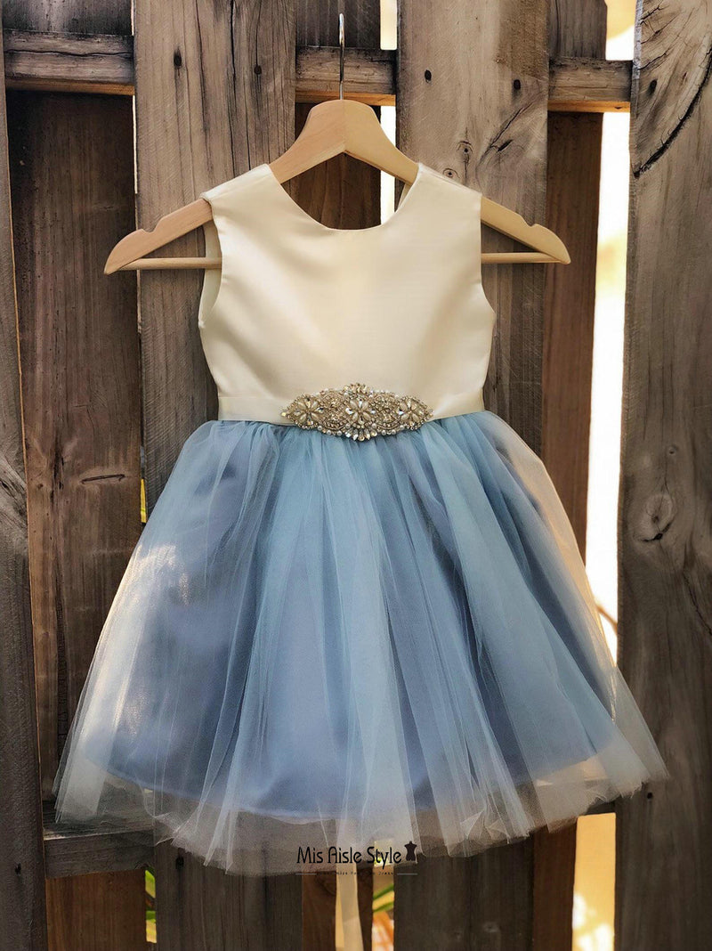 blue and white flower girl dress