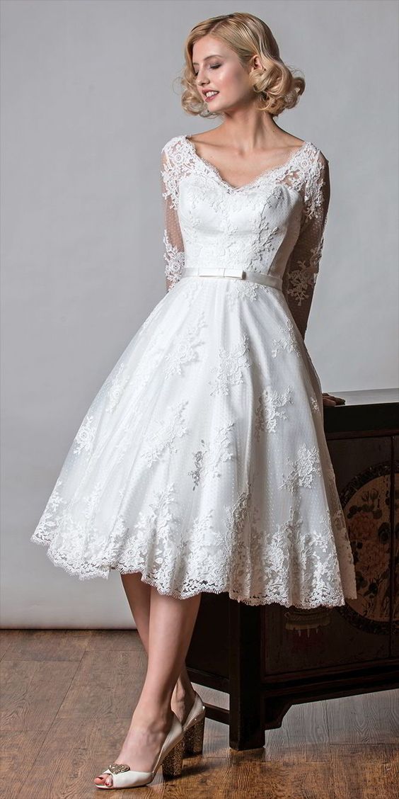 short long sleeve lace wedding dress