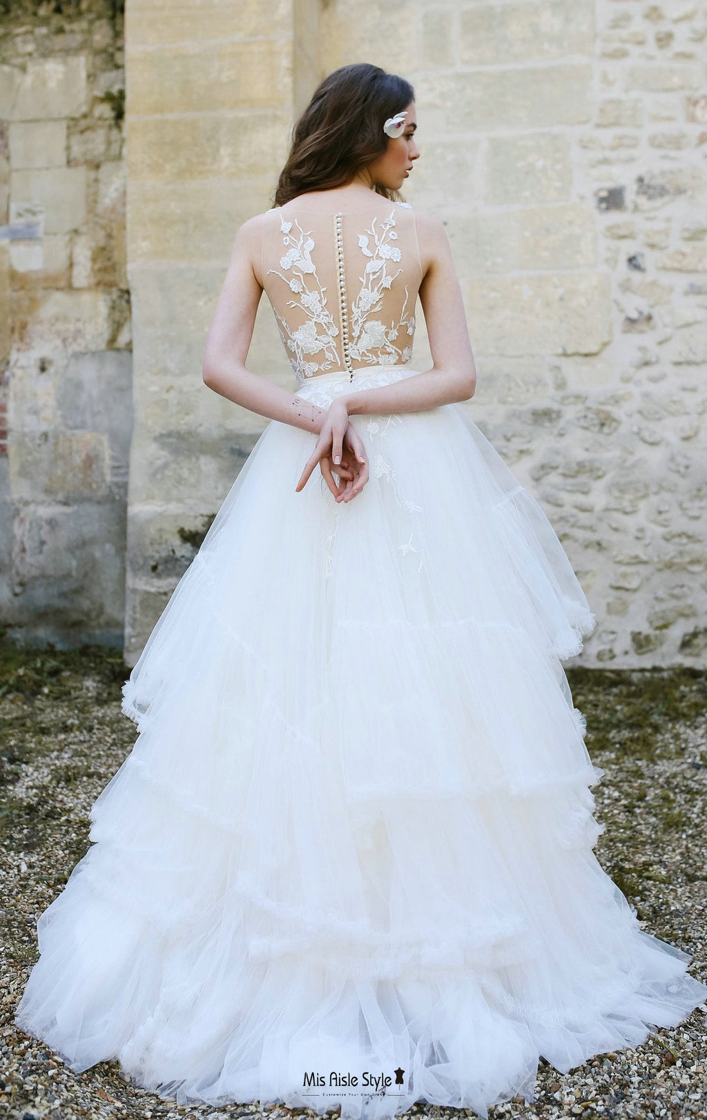 Tiered Skirt Illusion Lace Wedding Dress