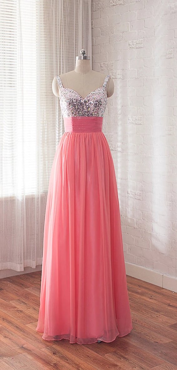 Straps Sequins Coral Bridesmaid Dress misaislestyle Straps Sequins Coral Bridesmaid Dress misaislestyle