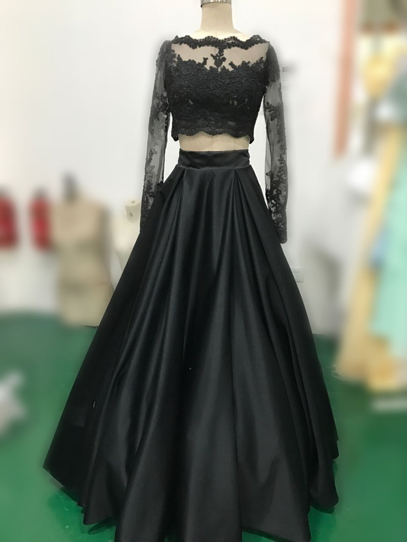 Full Length Black Lace Two-pieces Prom Dresses