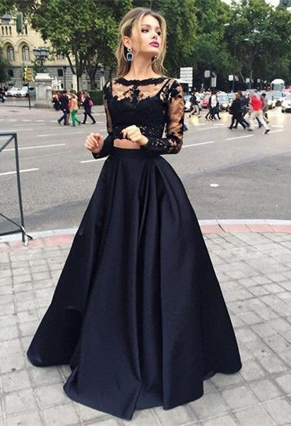 Full Length Black Lace Two-pieces Prom Dresses