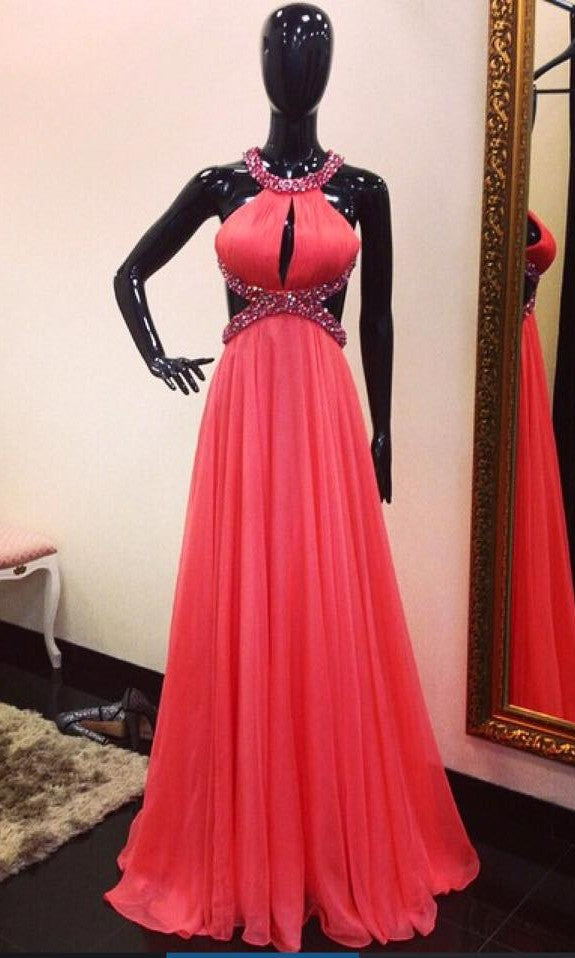  Open Back Beaded Coral Prom Dress