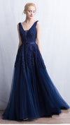 V-back Navy Blue Tulle and Lace Prom Dress