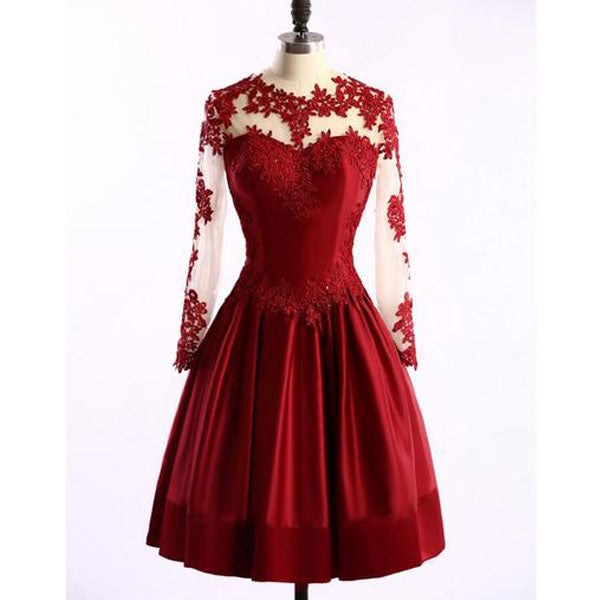 Mini Long Sleeve Red Lace Homecoming Dress misaislestyle Mini Long Sleeve Red Lace Homecoming Dress misaislestyle