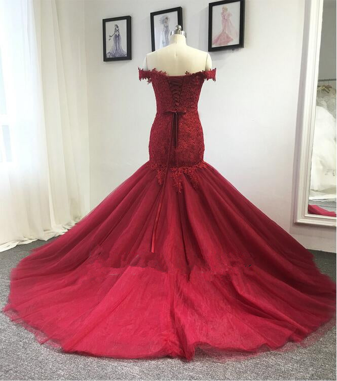 Mermaid Off Shoulder Sleeves Burgundy Lace Wedding Dress misaislestyle Mermaid Off Shoulder Sleeves Burgundy Lace Wedding Dress misaislestyle