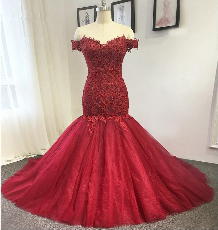 Mermaid Off Shoulder Sleeves Burgundy Lace Wedding Dress misaislestyle Mermaid Off Shoulder Sleeves Burgundy Lace Wedding Dress misaislestyle