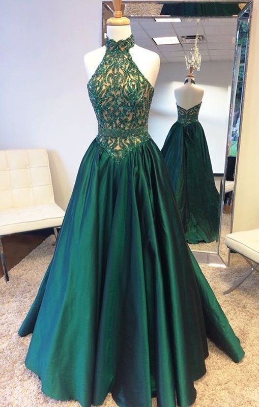 A line Sexy Open Back Halter Neckline Dark Green Prom Dress misaislestyle A line Sexy Open Back Halter Neckline Dark Green Prom Dress misaislestyle