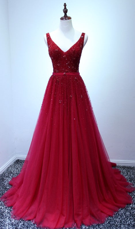 A-line V-neckline Red Tulle V-back Formal Dresses misaislestyle A-line V-neckline Red Tulle V-back Formal Dresses misaislestyle