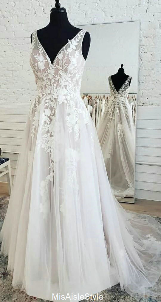 A line V-neckline French Lace Boho Wedding Dress