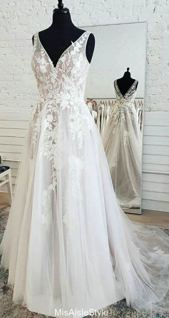 A line V-neckline French Lace Boho Wedding Dress misaislestyle A line V-neckline French Lace Boho Wedding Dress misaislestyle