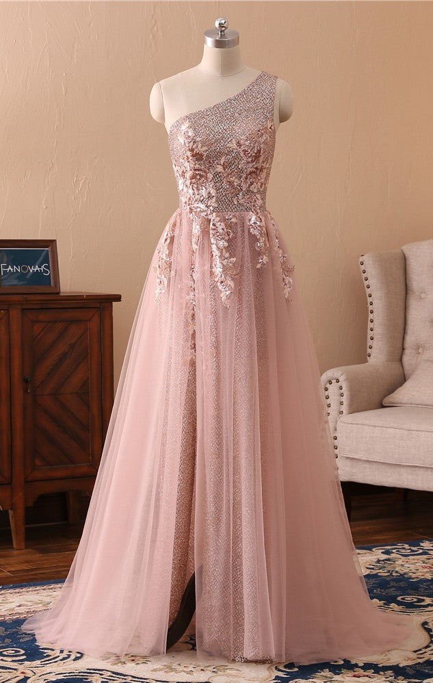  Slit One Shoulder Pink Sparkle Evening Dress