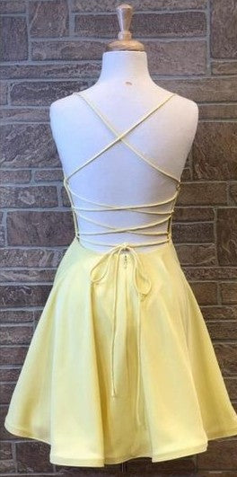 Short Yellow Criss-Cross Back Homecoming Dress misaislestyle Short Yellow Criss-Cross Back Homecoming Dress misaislestyle