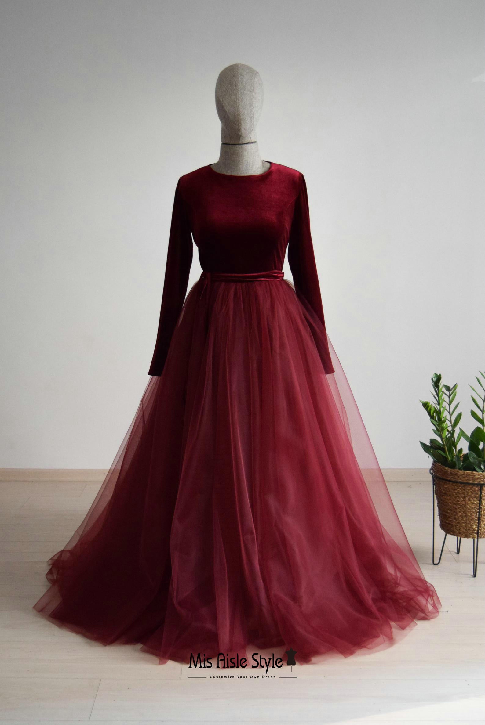 Modest Long Sleeve Burgundy Wedding Dress – misaislestyle