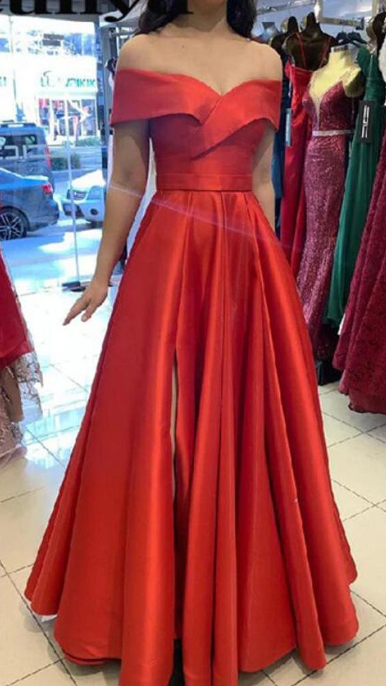 off shoulder sleeve red prom dress