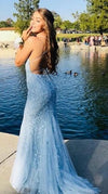 Fitted Lace Up Back Light Blue Prom Dress