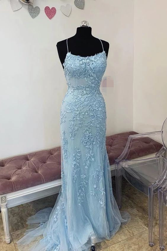 Fitted Lace Up Back Light Blue Prom Dress