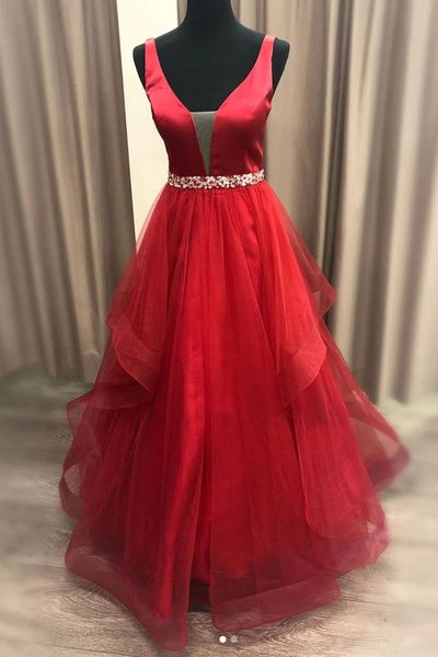 Ball Gown Tiered Skirt Red Prom Dress
