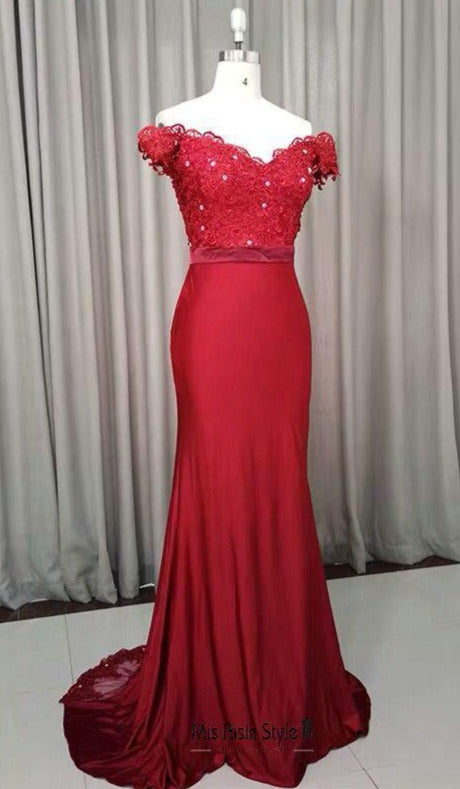 Fitted Off Shoulder Sleeve Deep Red Prom Dress misaislestyle Fitted Off Shoulder Sleeve Deep Red Prom Dress misaislestyle