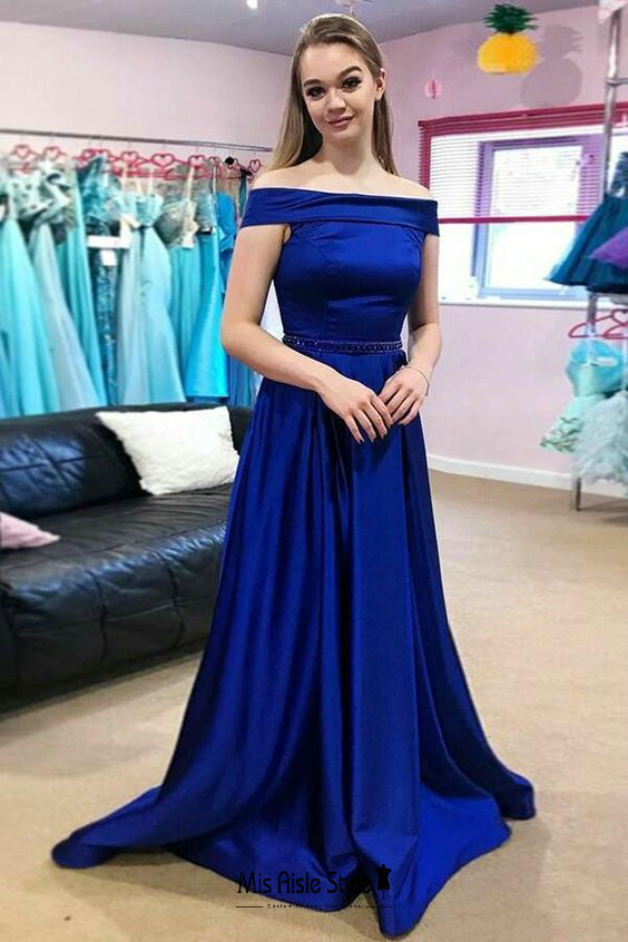 off shoulder sleeve royal blue prom dress