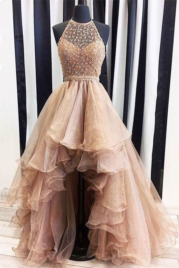 Beaded Coffee High Low Prom Dress misaislestyle Beaded Coffee High Low Prom Dress misaislestyle